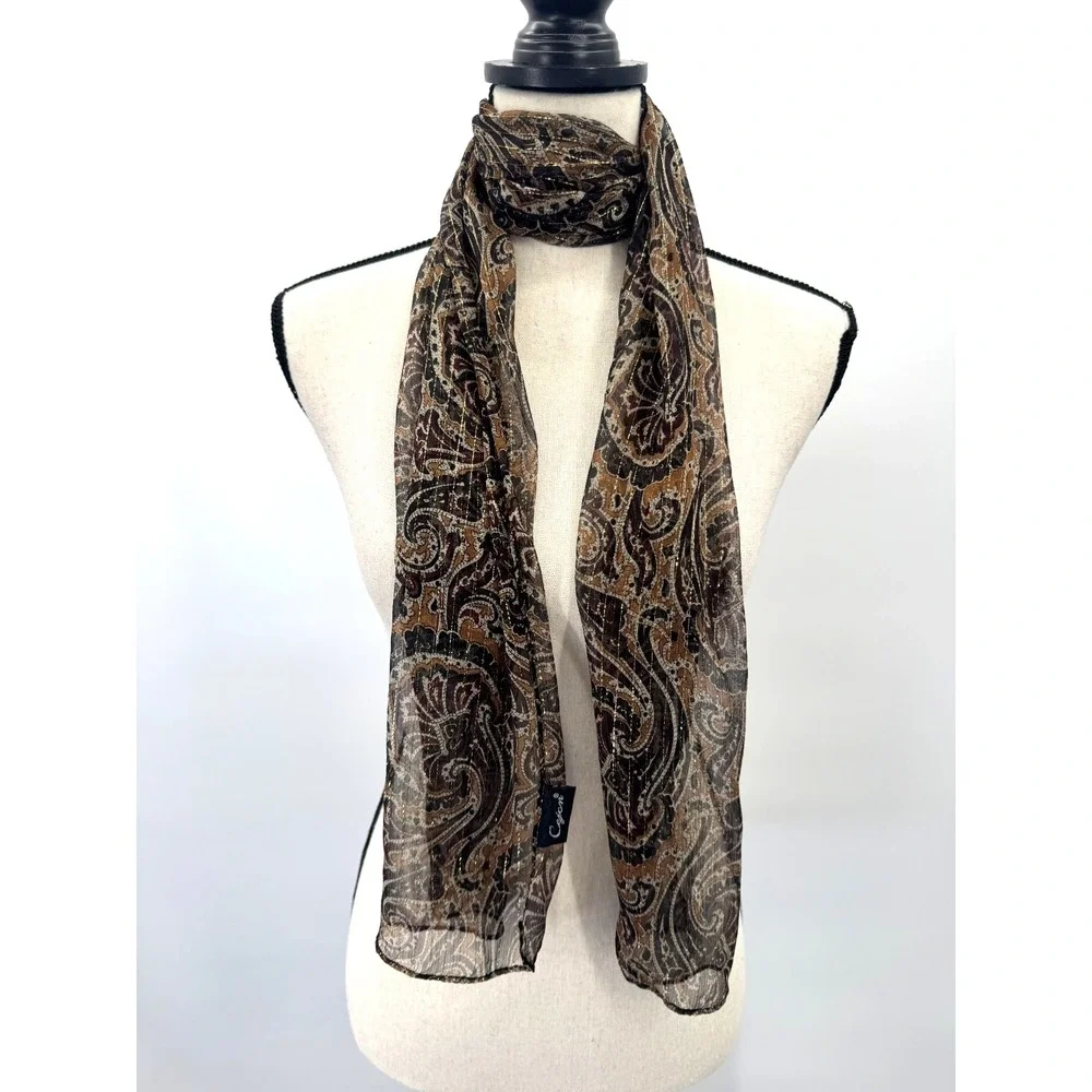 Cejon Brown Gold Silk Paisley Scarf Wrap Boho Earthy Lightweight Sheer Shawl
